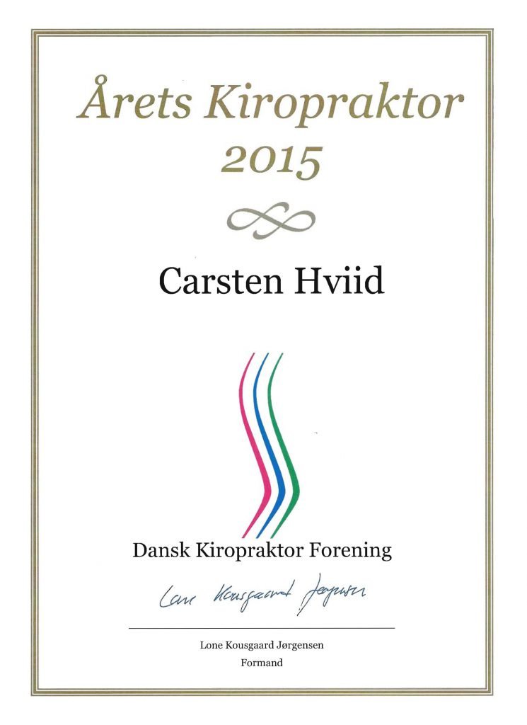 Diplom aarets kiropraktor 2015 Carsten Hviid